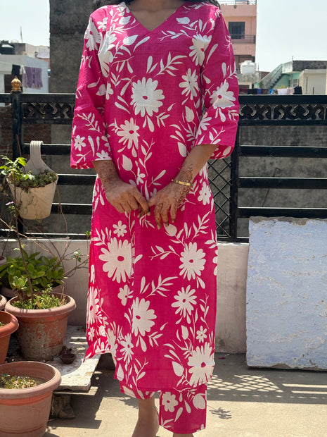 Cotton Printed Co Ord Set V Neck Kurti Pant