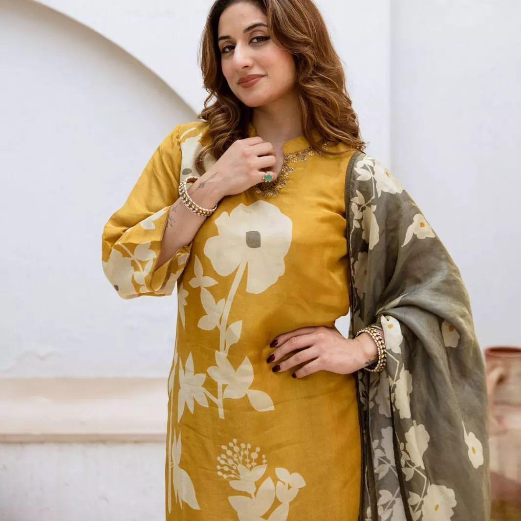 3-Piece Cotton Kurti Pant Dupatta Set in Two Colors