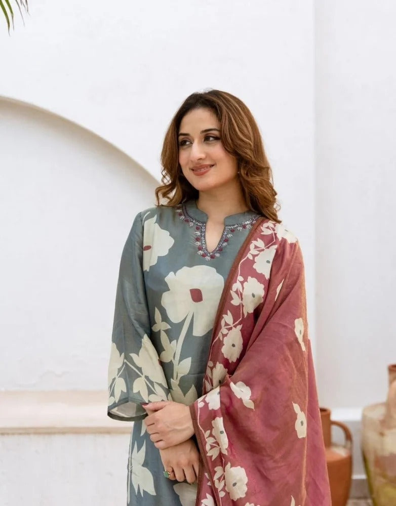 Adda Work Detailing on Printed Cotton Kurta Set