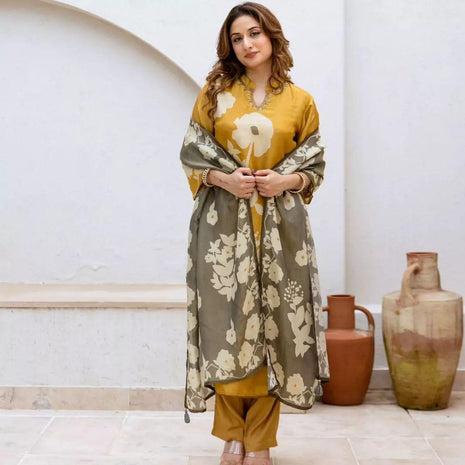 Cotton Printed Straight Kurta Set with Adda Work