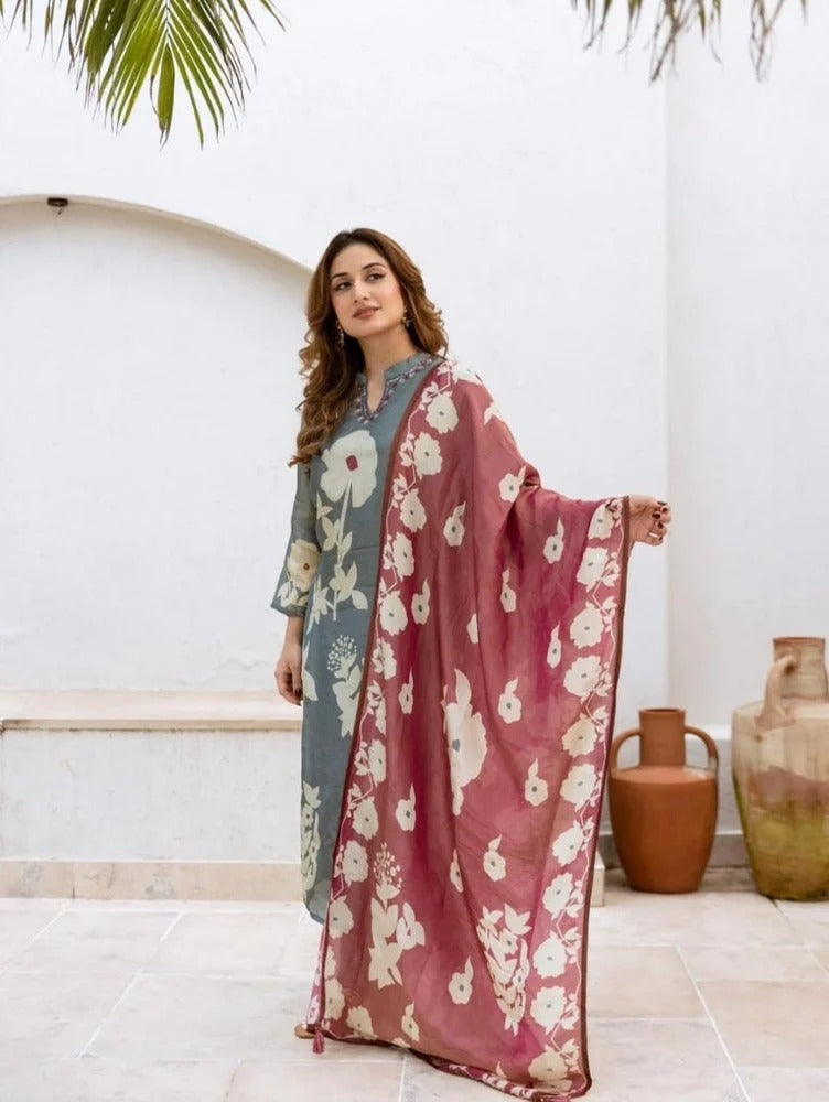 Elegant Machine Print Cotton Suit Set for Women