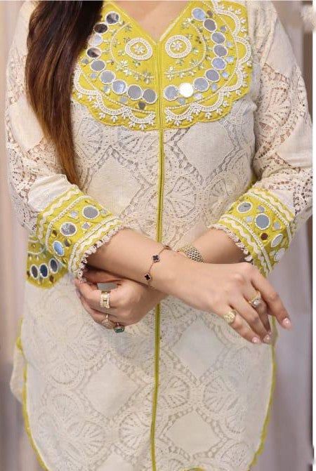 Bright yellow embroidered cotton co-ord set for Rakhi