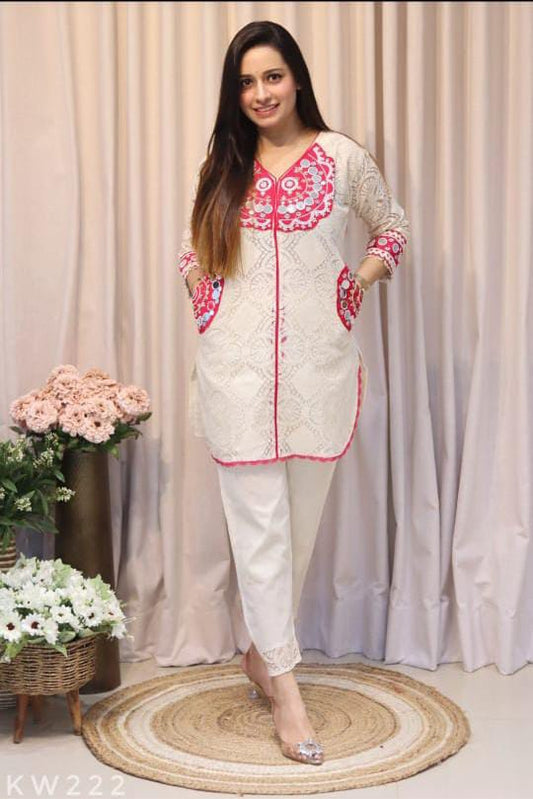 cotton Schiffli coord set with embroidery on sleeves and kurti