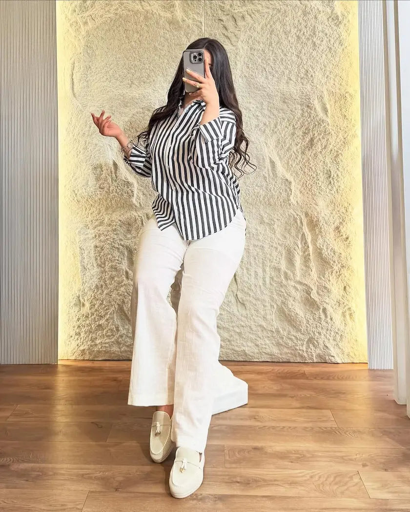 Printed cotton shirt with white pant set for women