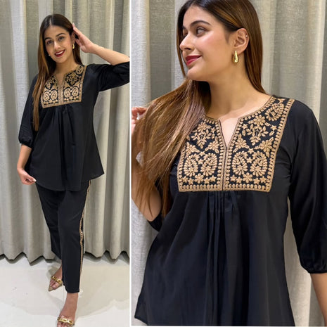 Women’s breathable cotton co-ord set with embroidered yoke