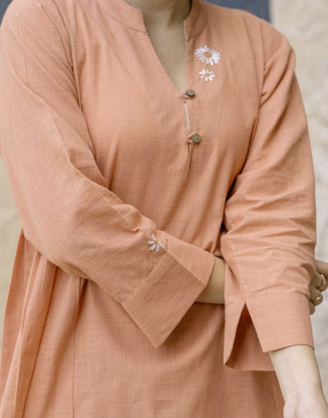 Festive cotton slub kurti pant set with detailed sleeves

