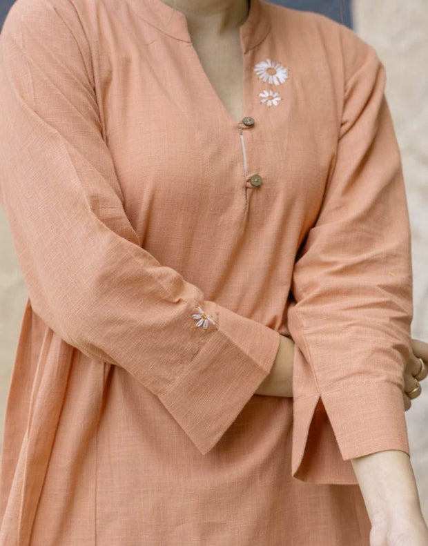 Festive cotton slub kurti pant set with detailed sleeves

