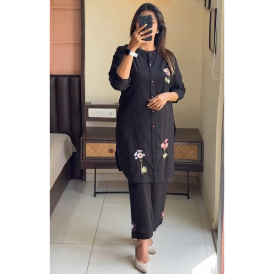 Cotton slub coord set with hand embroidery and gathered sleeves

