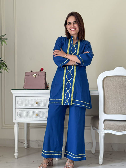 Blue cotton slub kurti palazzo set with lace detailing