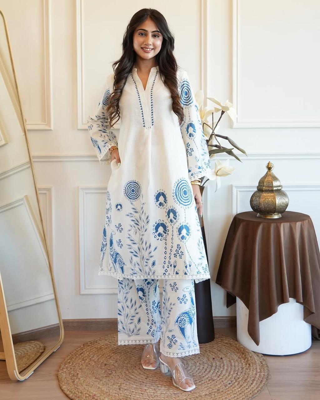 Elegant pastel cotton kurta with matching pants