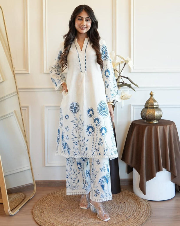 Elegant pastel cotton kurta with matching pants