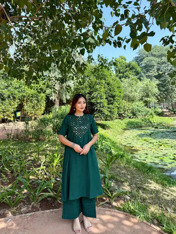 One colour cotton slub co-ord set with mirror embroidery for women