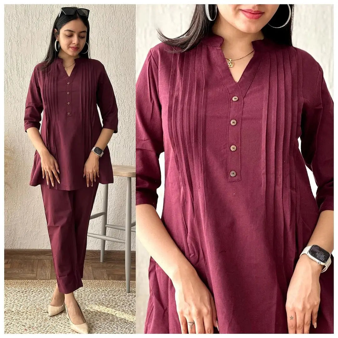 Cotton slub pintex work kurta pant set in four colors