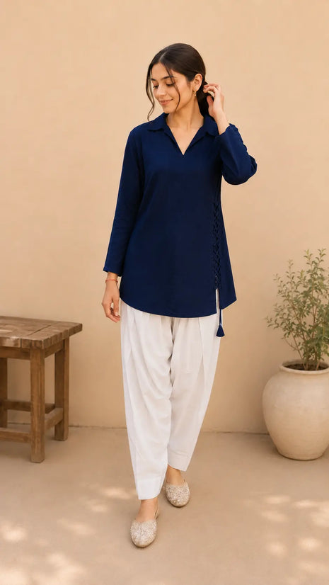 Collar Neck Short Kurti with Corset Back and Farshi Salwar