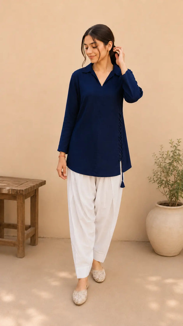 Collar Neck Short Kurti with Corset Back and Farshi Salwar