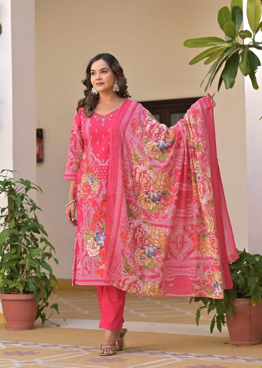 cotton malmal anarkali kurta set embroidered