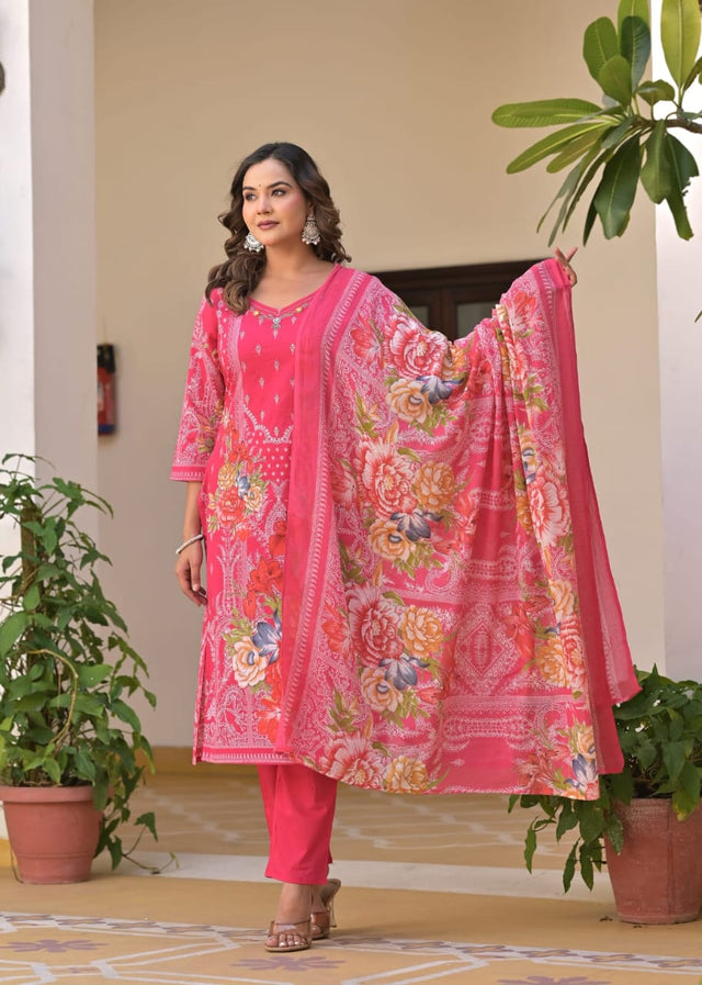 cotton malmal anarkali kurta set embroidered