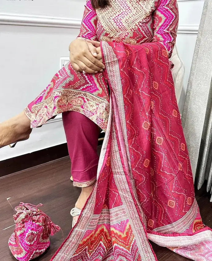 embroidered cotton kurti pant dupatta set
