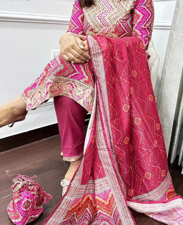 embroidered cotton kurti pant dupatta set