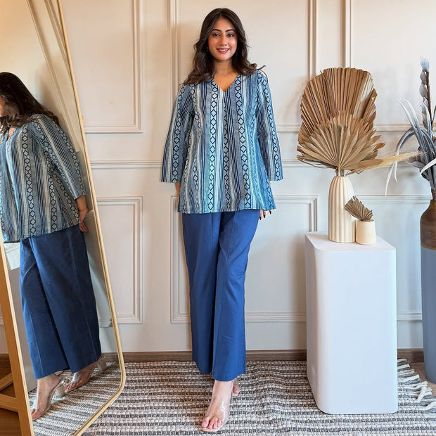 Front view of printed cotton top and plazo set in breathable fabric

