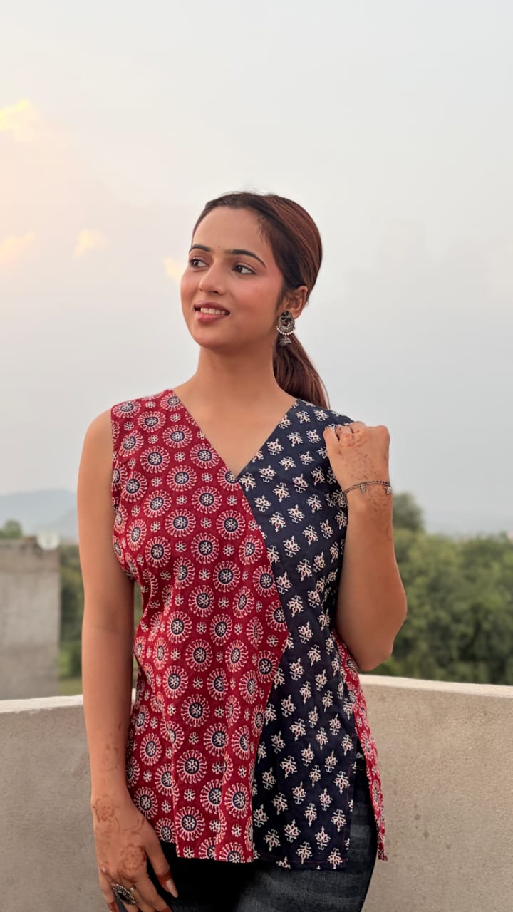 Red and navy blue Jaipuri print cotton short kurti for women