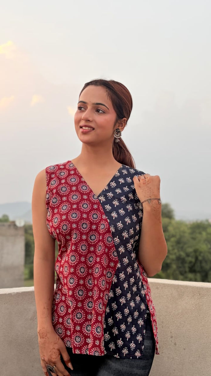 Red and navy blue Jaipuri print cotton short kurti for women