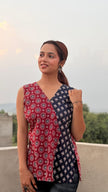 Red and navy blue Jaipuri print cotton short kurti for women