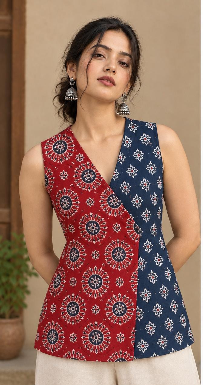 Double shade cotton V neck short kurti with Jaipuri print