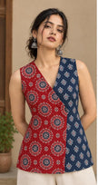 Double shade cotton V neck short kurti with Jaipuri print