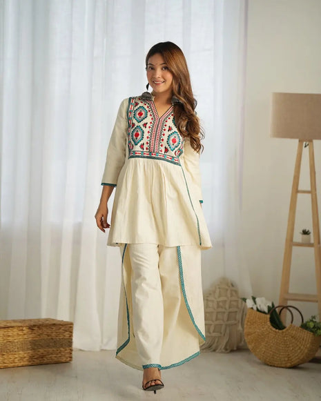 Designer embroidered cotton flex kurta set with freestyle palazzo