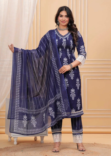 Designer cotton kurta set in soft pastel shade with printed dupatta