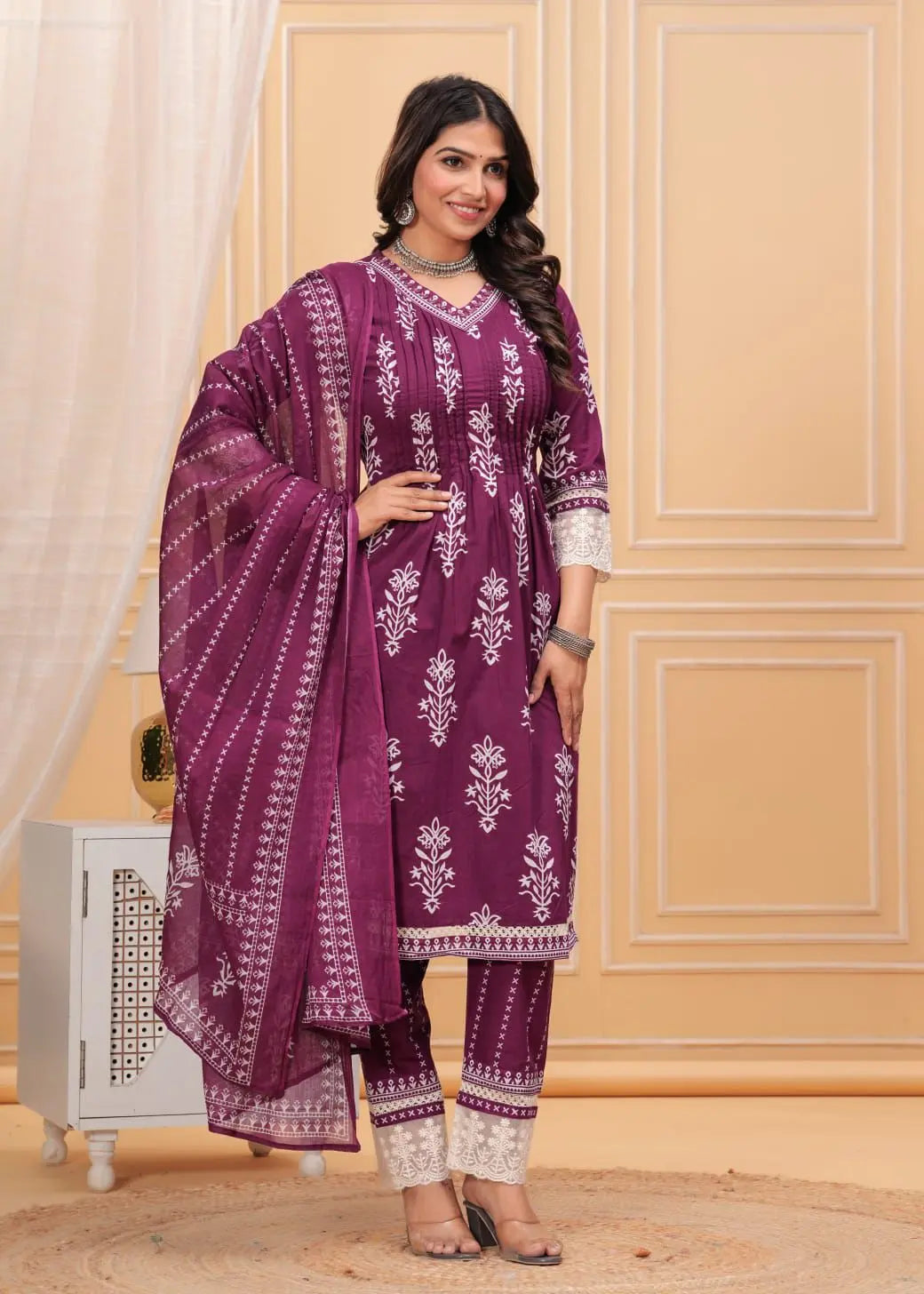 Premium casual wear cotton suit set with V-neck and lace detailing