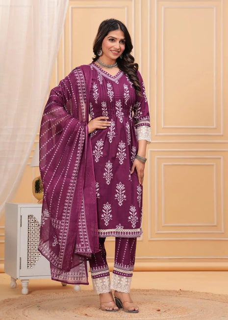 Premium casual wear cotton suit set with V-neck and lace detailing