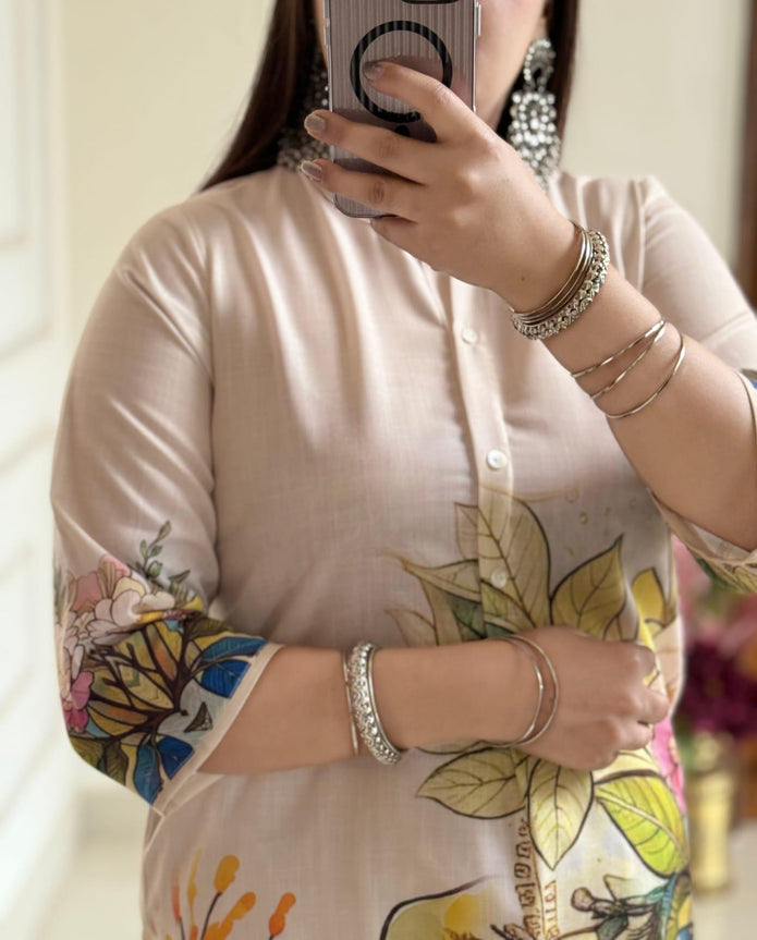 Front view of cotton lilan coord set with vibrant summer print

