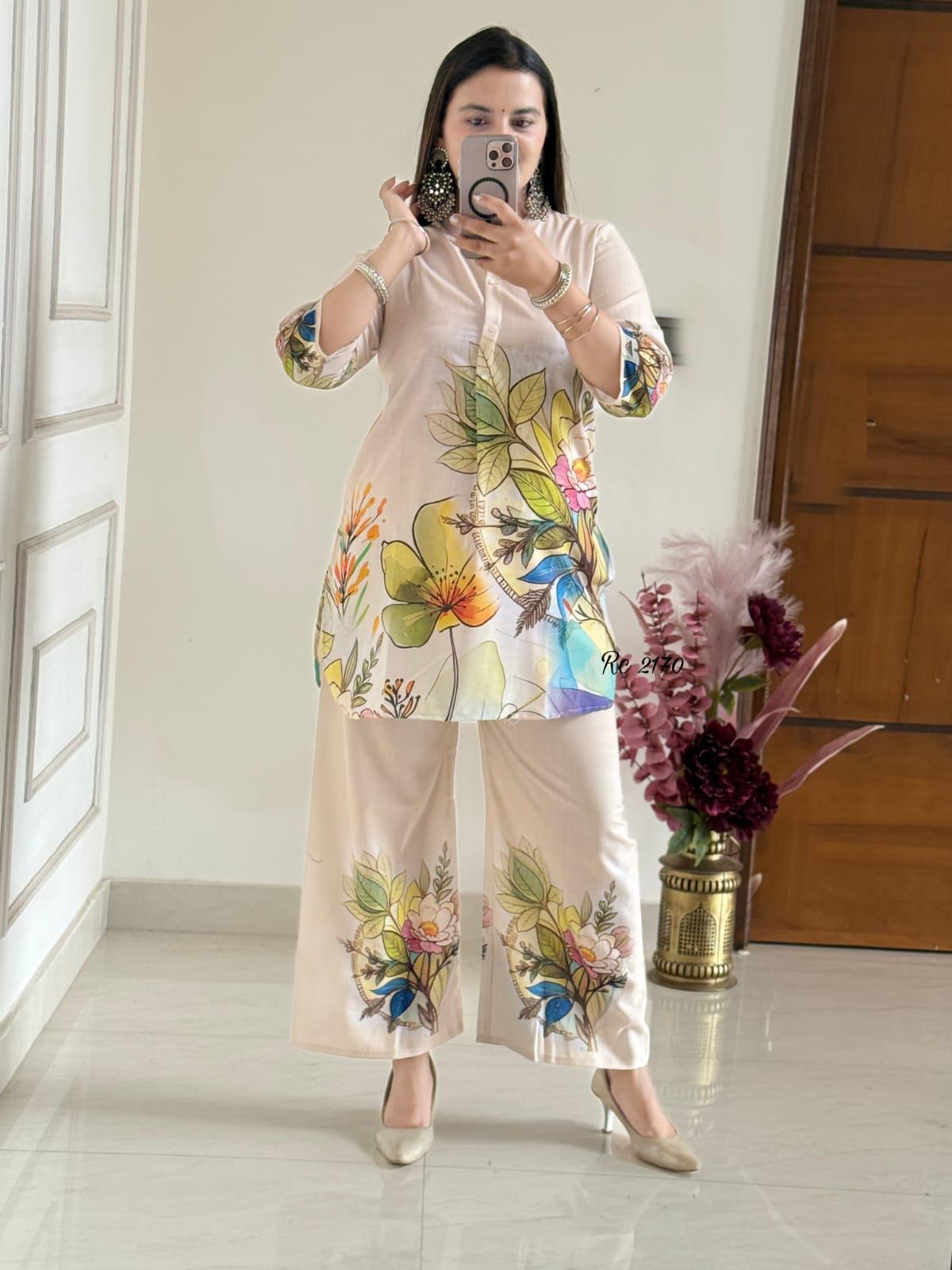 Model in digital print cotton lilan coord set posing outdoors

