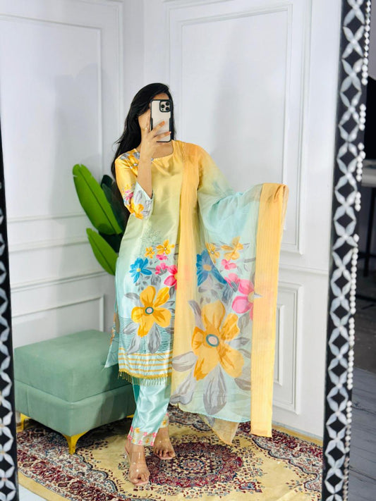 Multicolour digital printed satin suit set with organza dupatta

