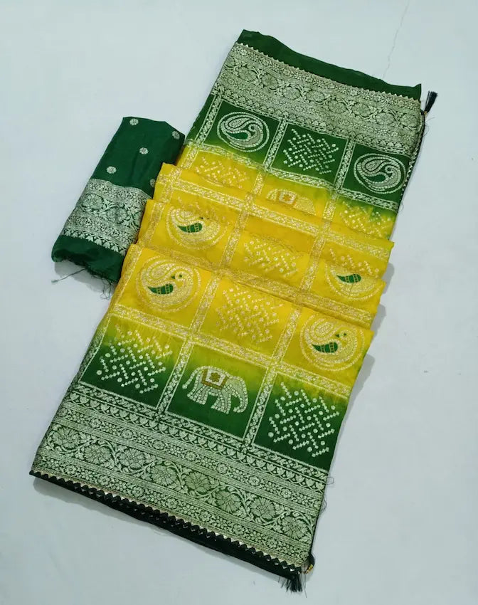 Full view of Faag-dyed plain Dola silk saree