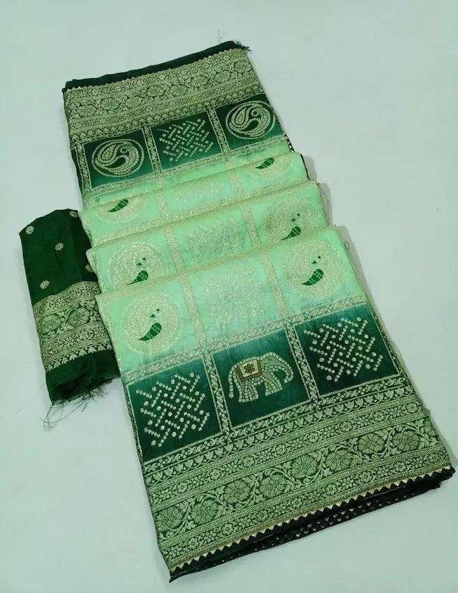 Elegant Dola Meena Zari Saree in pure Russian silk fabric in light green
