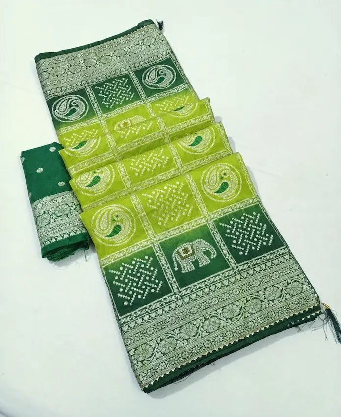 Elegant Dola Meena Zari Saree in pure Russian silk fabric in green