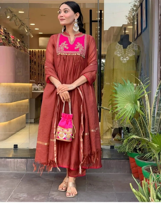 Brown embroidered Chanderi kurta set with tassel dupatta