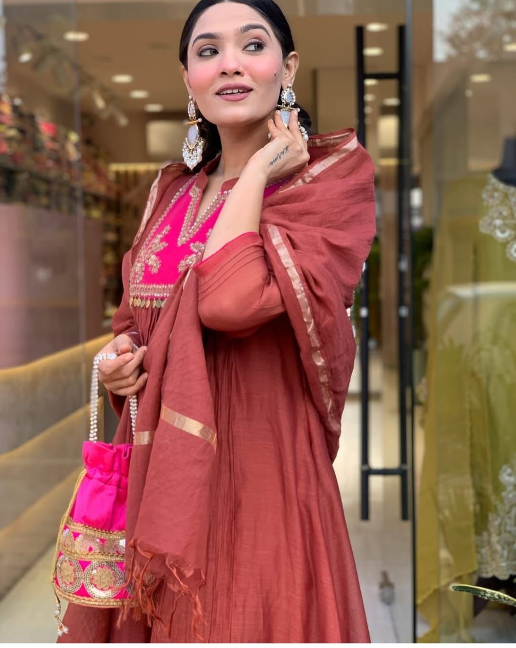 Brown Chanderi suit set with aatich lining and embroidery