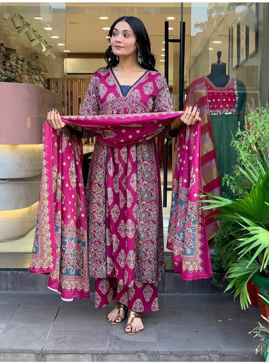 embroidered cotton Anarkali suit with tiered malmal dupatta