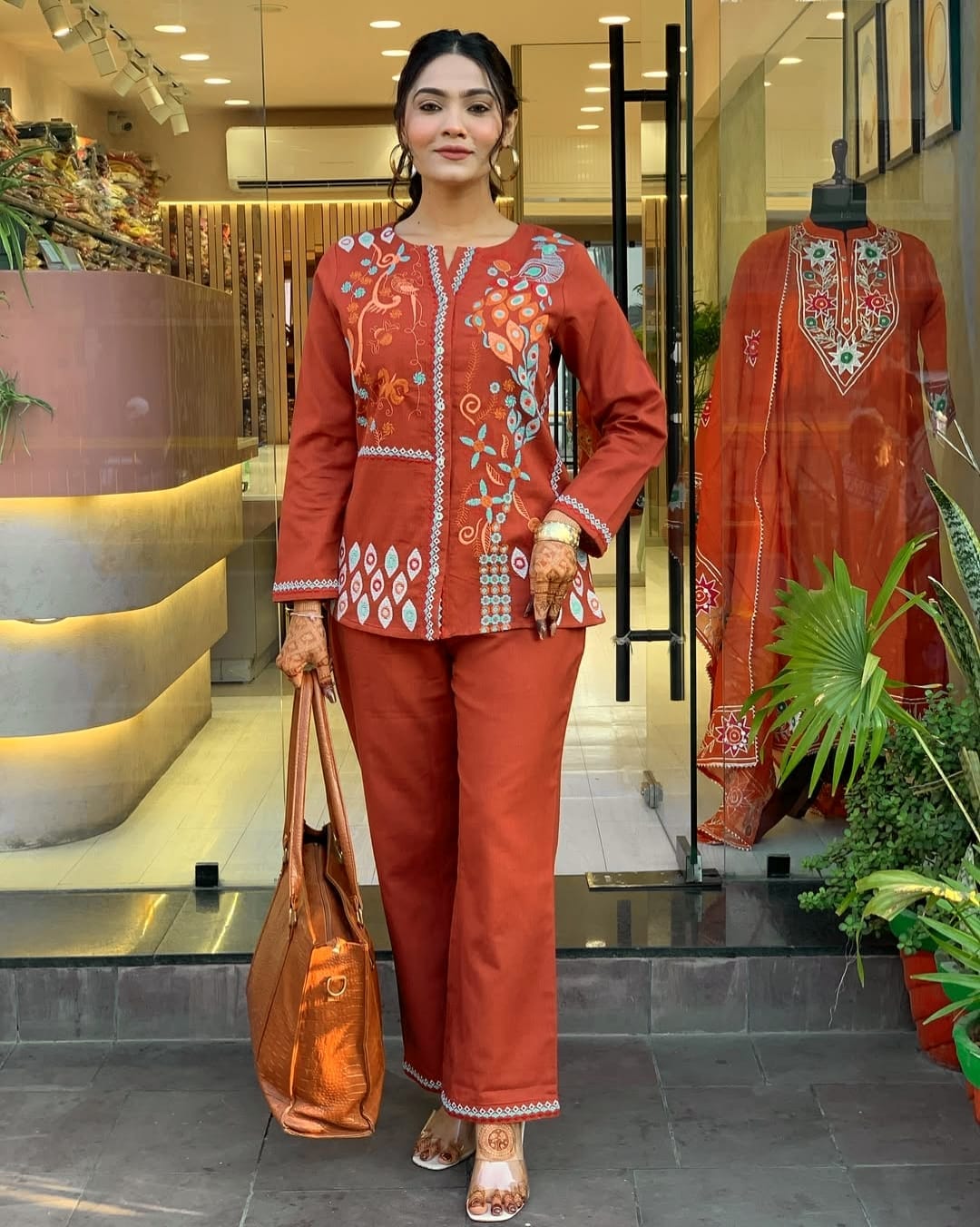 Premium cotton embroidered top and pant set

