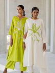 Embroidered A-line cotton kurta with matching pants


