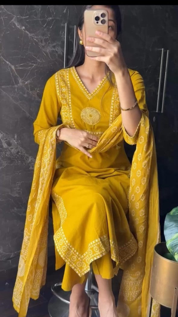 Pitten handwork detailing on cotton straight kurta set