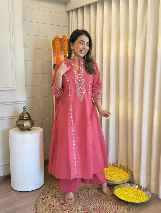 Pure cotton embroidered kurta pant set with pocket