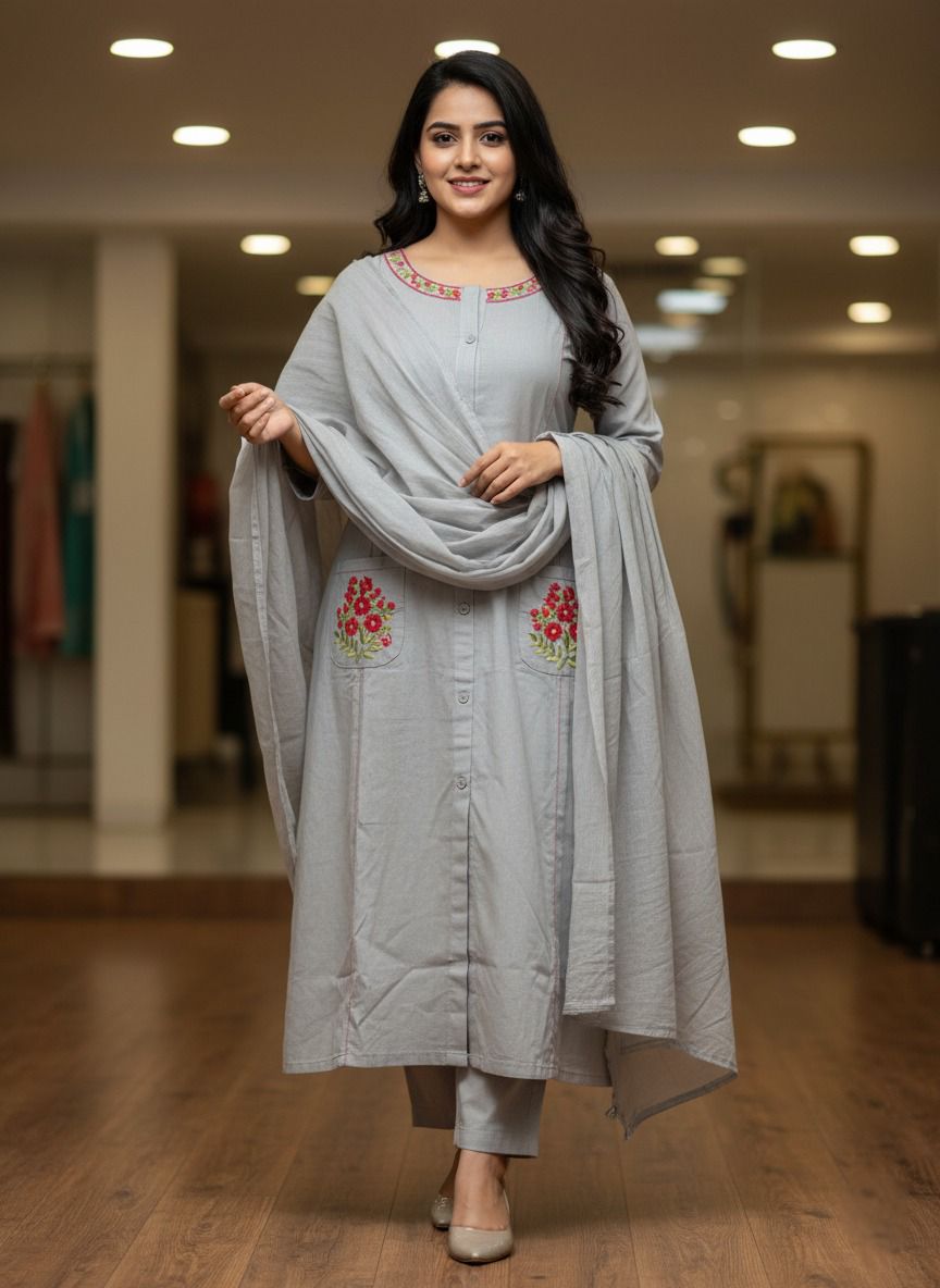 Festive embroidered cotton suit with soft dupatta