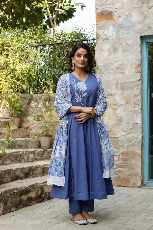 Varnika Flaired Embroidered Cotton Suit Set