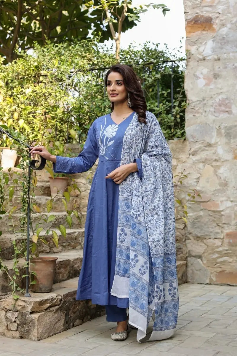 Varnika Flaired Embroidered Cotton Suit Set