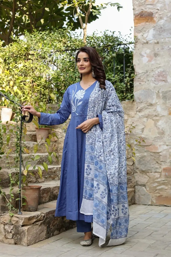 Varnika Flaired Embroidered Cotton Suit Set
